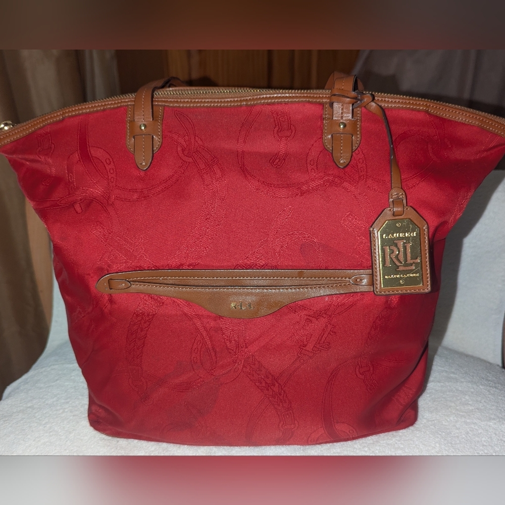 Ralph Lauren Red and Brown Horseshoe Tote.